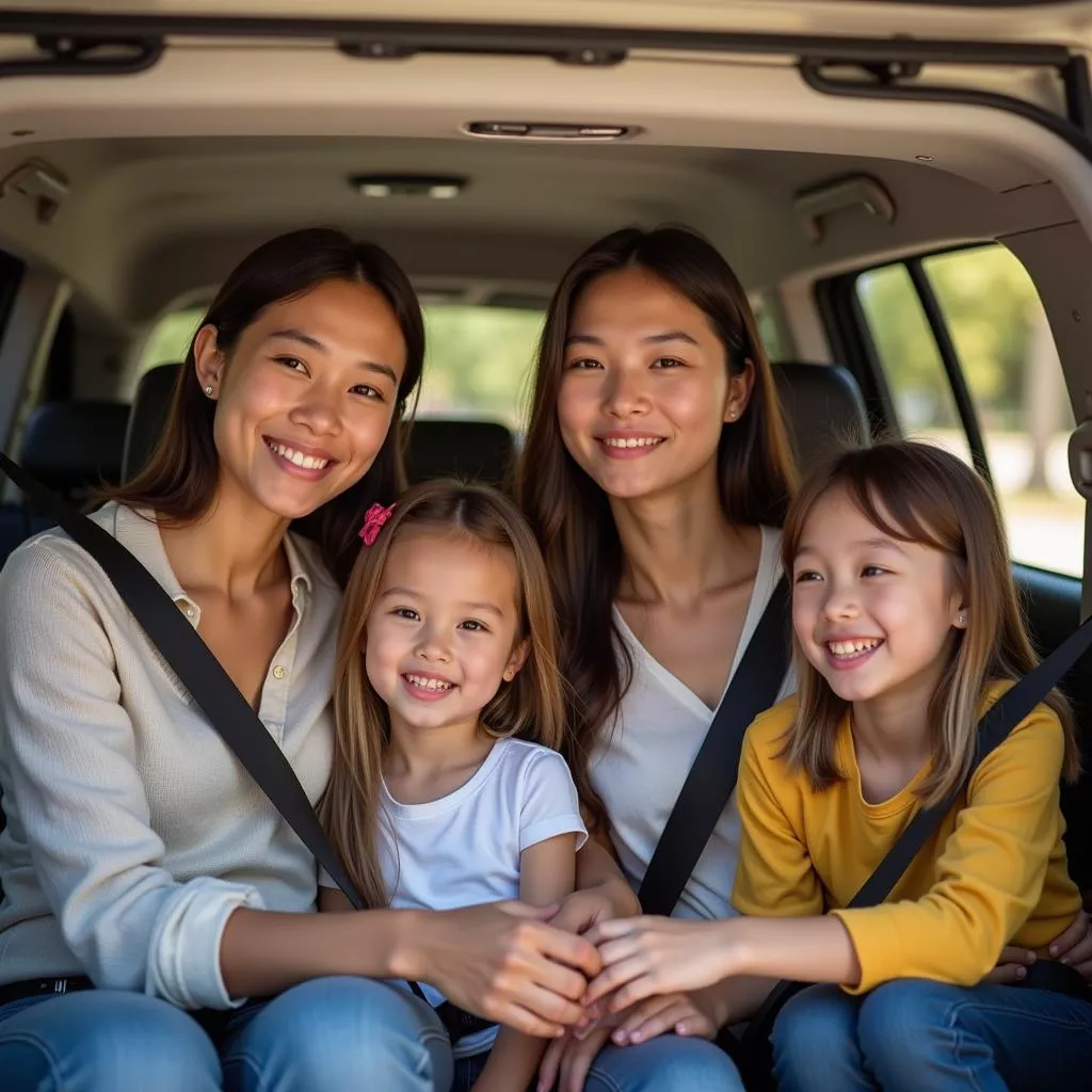 Family traveling in a 9-seater Nissan