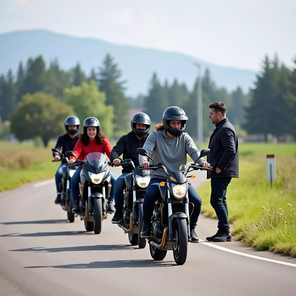 मोटरसाइकिल लाइसेंस परीक्षा की तैयारी कर रहे छात्र