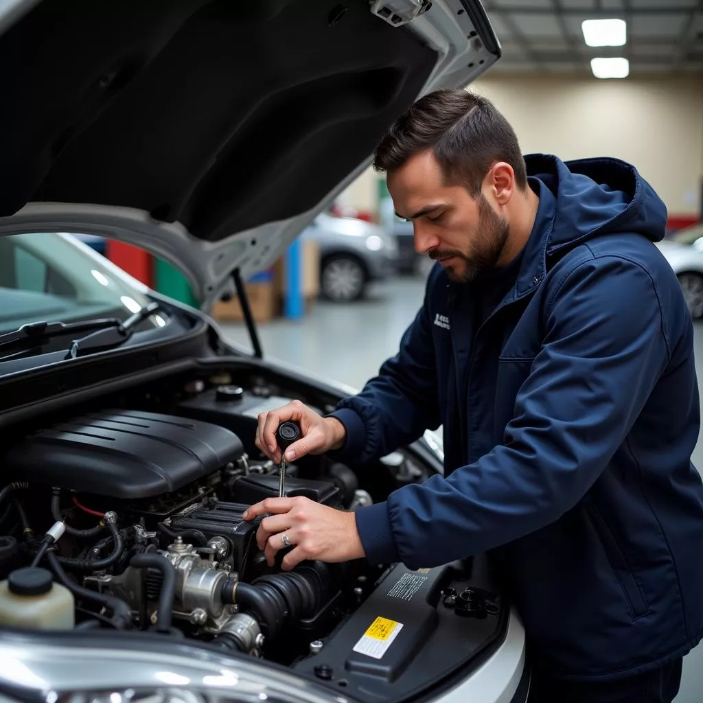 Thợ máy đang kiểm tra động cơ xe 7 chỗ cũ