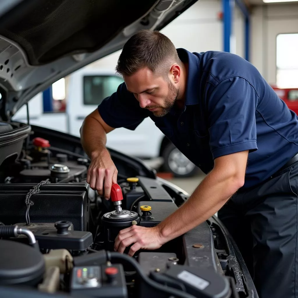 A technician inspecting the engine of a used truck