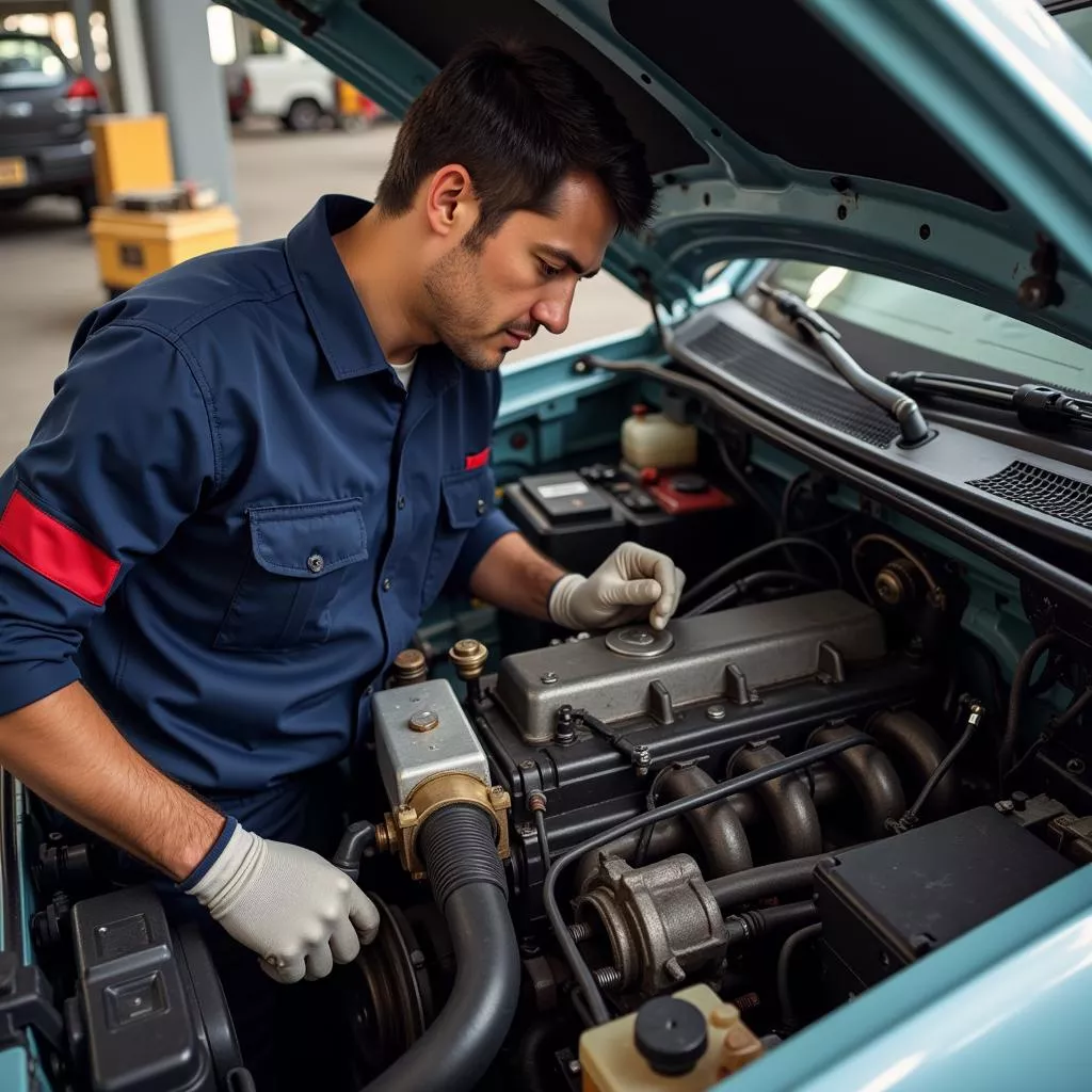 Inspecting a Mitsubishi truck engine