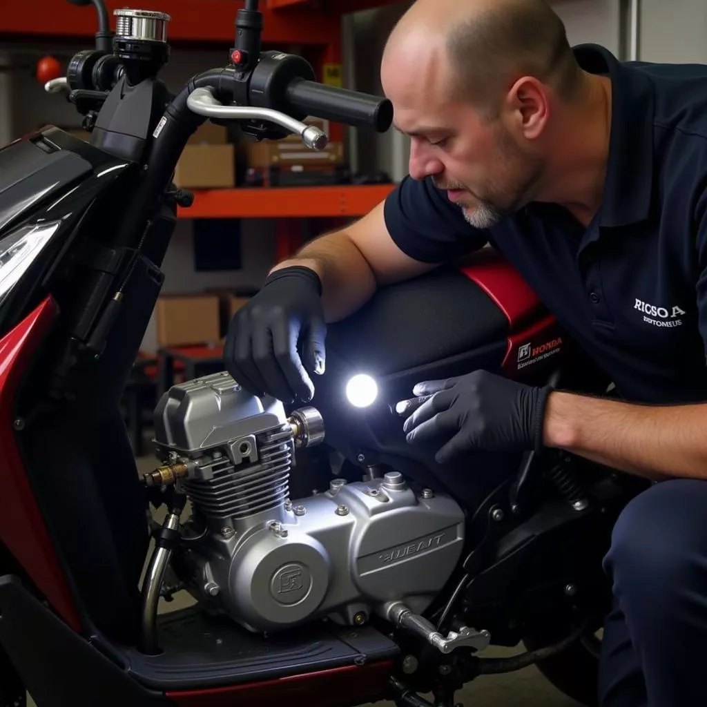 Mechanic inspecting the engine of a Honda Vision 2018