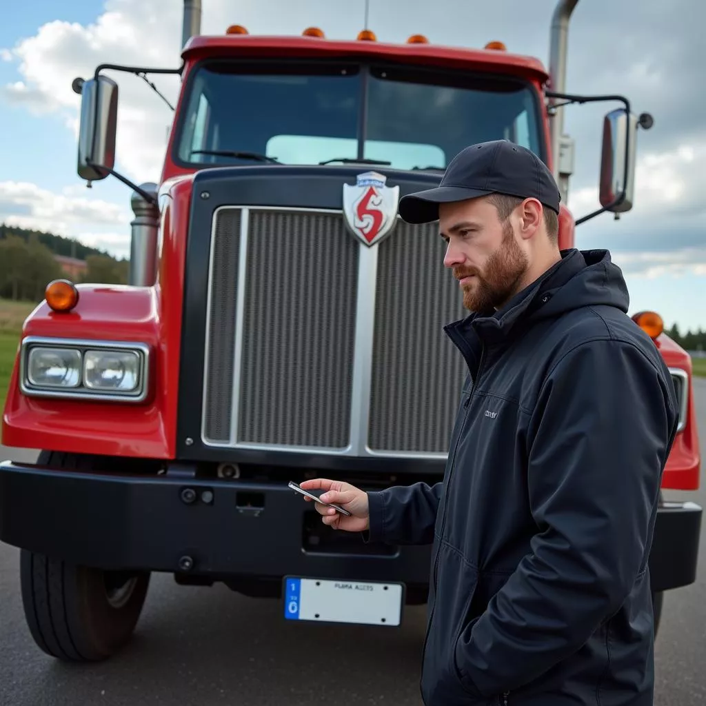 Man inspecting a truck license plate