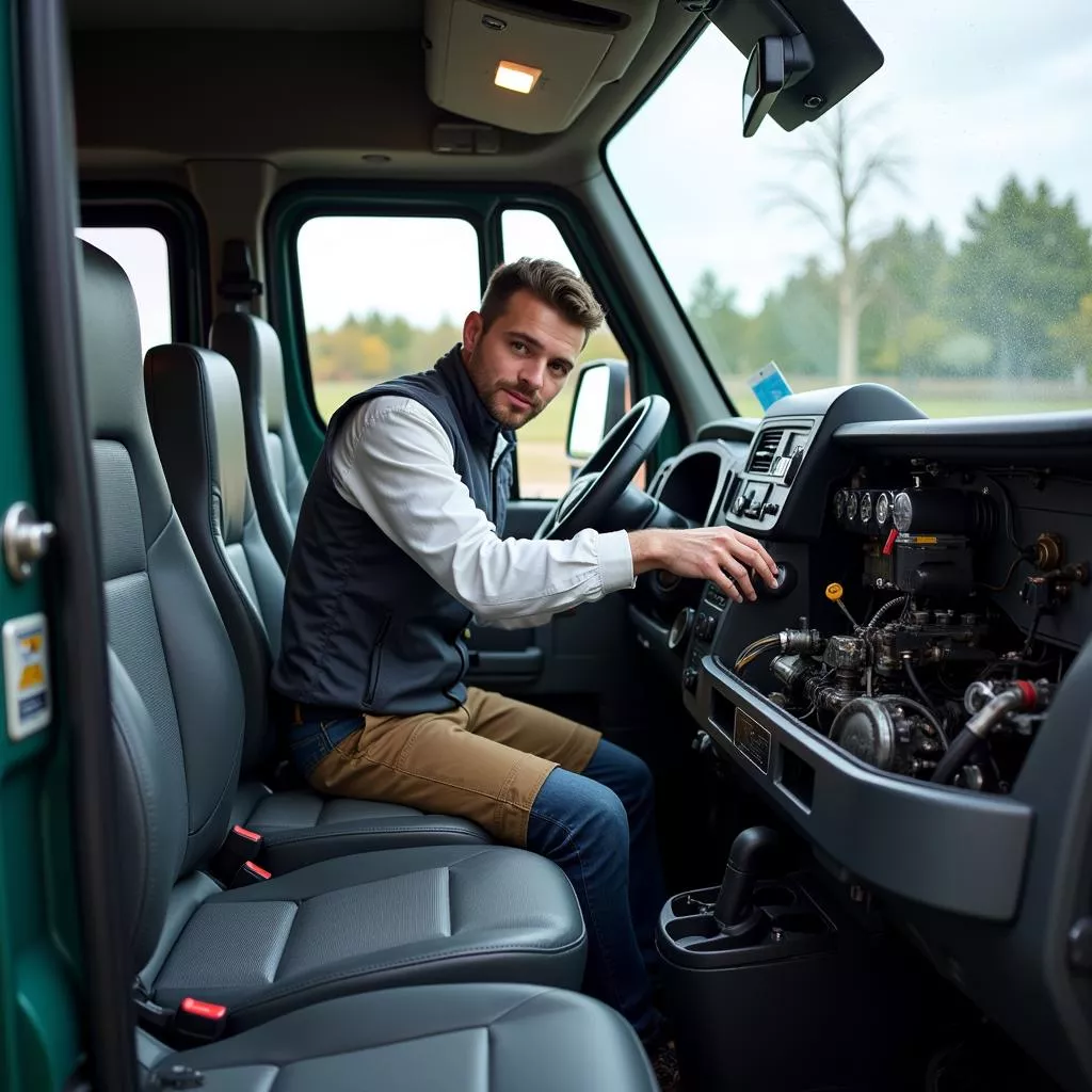 Technician inspecting a 30-seater bus before delivery to the customer.
