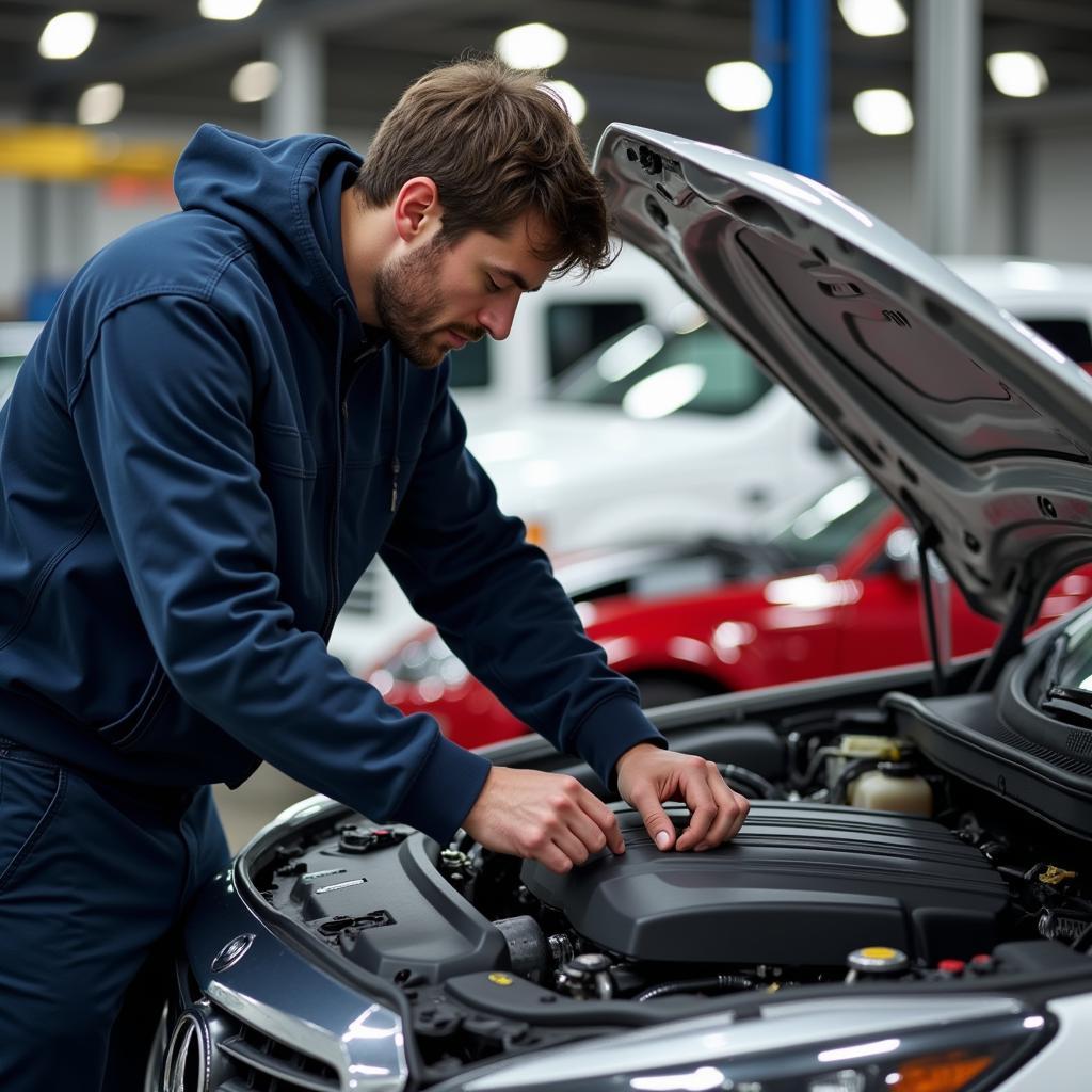 Inspeção de veículo em feira de automóveis americana