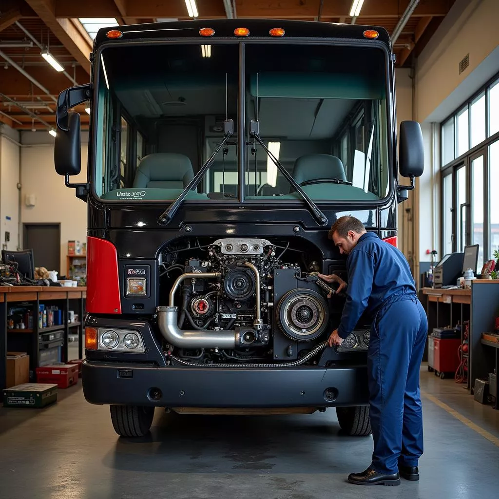在汽修厂检查二手29座宇通客车的技术状况