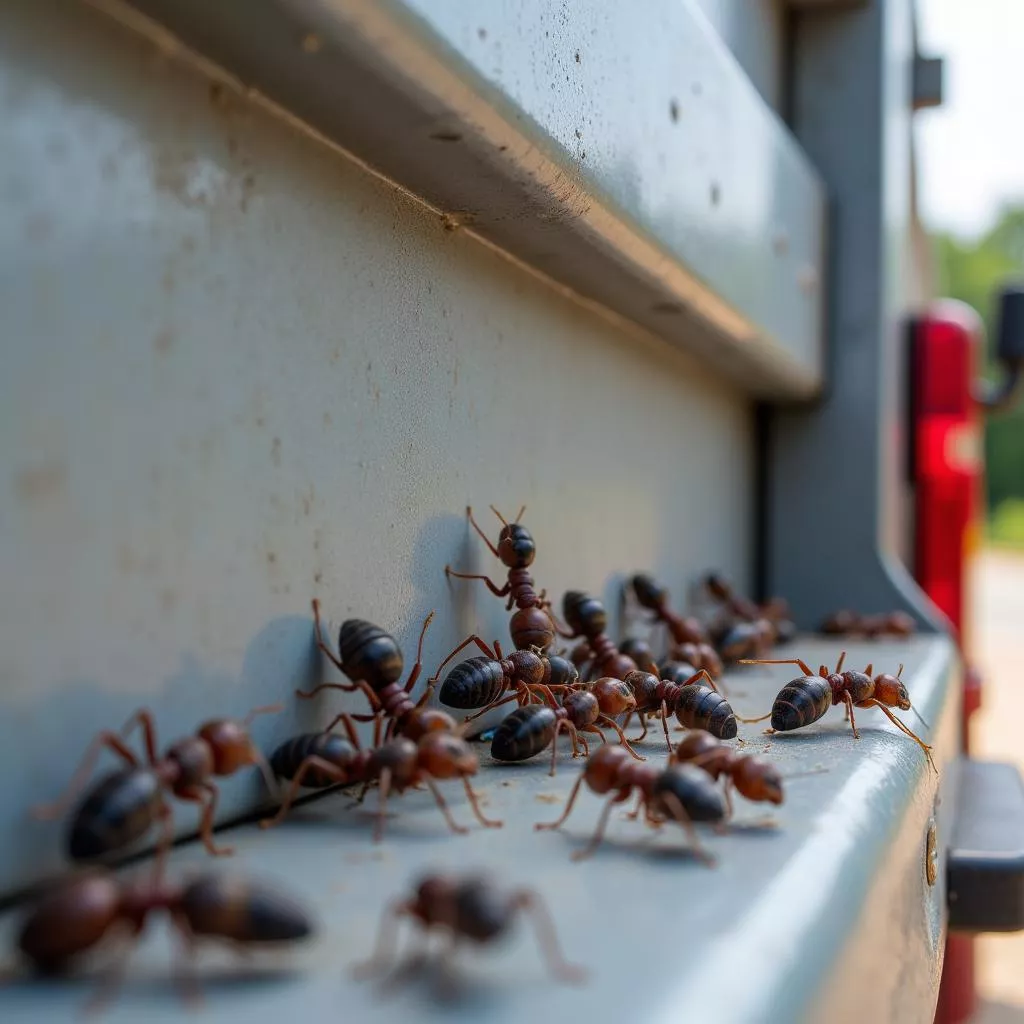 Ants clinging to the side of a truck bed