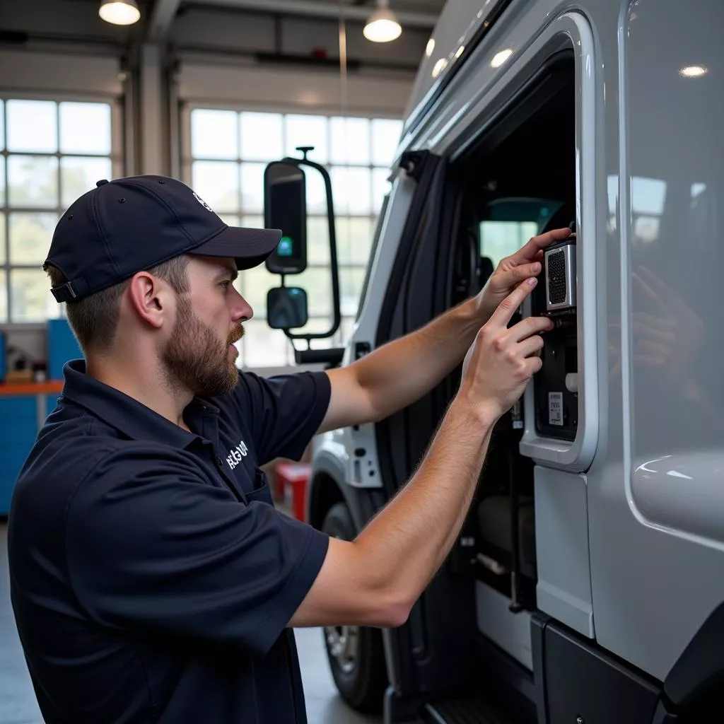 Kỹ thuật viên đang lắp đặt thiết bị giám sát hành trình