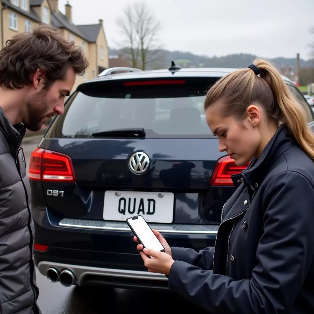 Buyer and seller examining a quadruple license plate