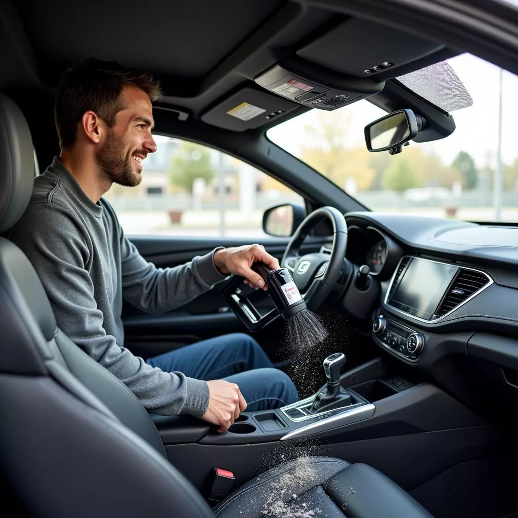 Man using a cordless car vacuum cleaner