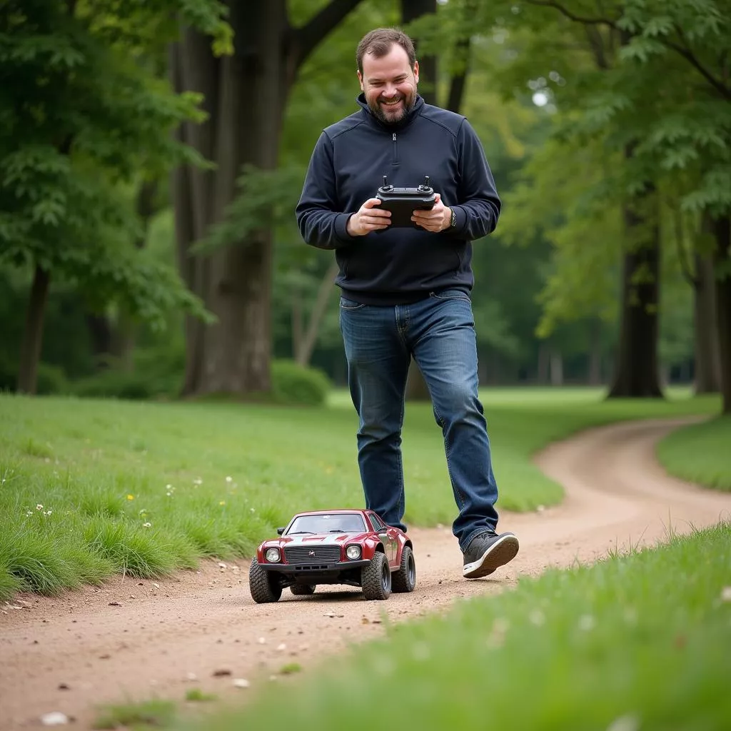 Man playing with a remote control off-road car