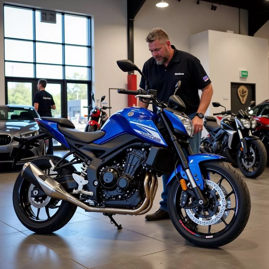 Người đàn ông đang xem xe máy Sirius FI 2018 cũ