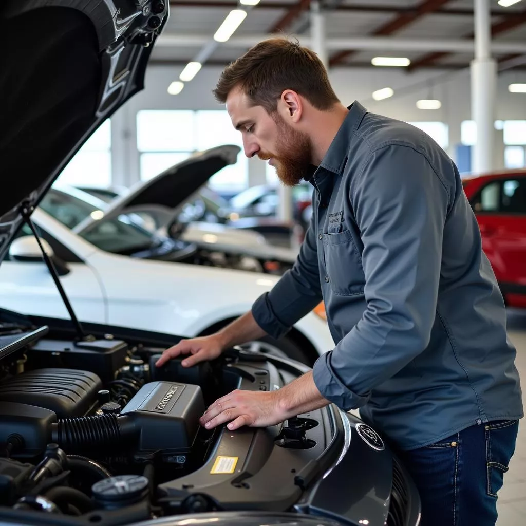 买家检查汽车发动机