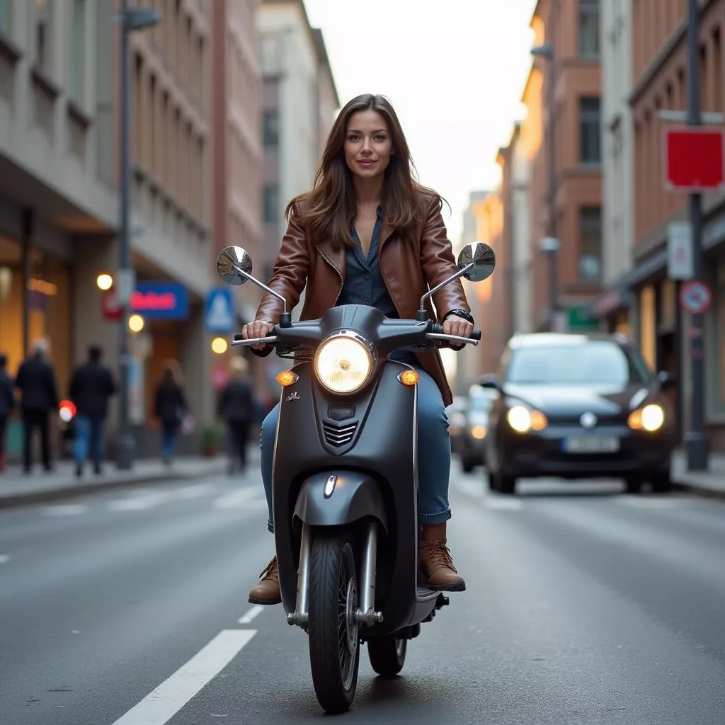 Người phụ nữ đang đi xe tay ga trên đường phố