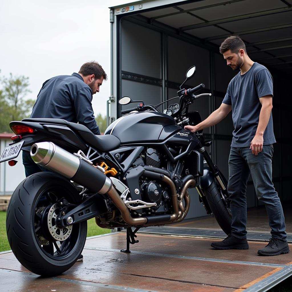 Staff inspecting a motorcycle before shipping