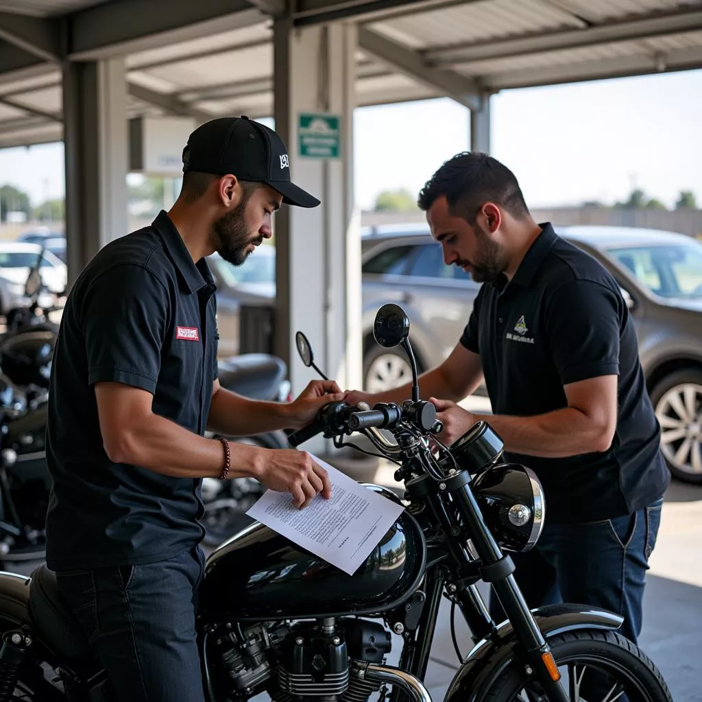 Technician inspecting a motorcycle