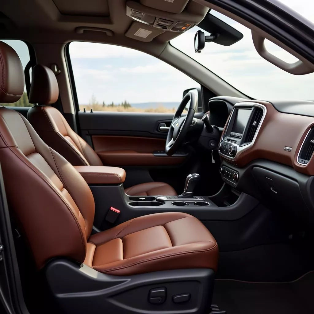 Nội thất xe Chevrolet Colorado 2017 gam màu nâu, ghế da cao cấp, vô lăng bọc da, màn hình giải trí trung tâm