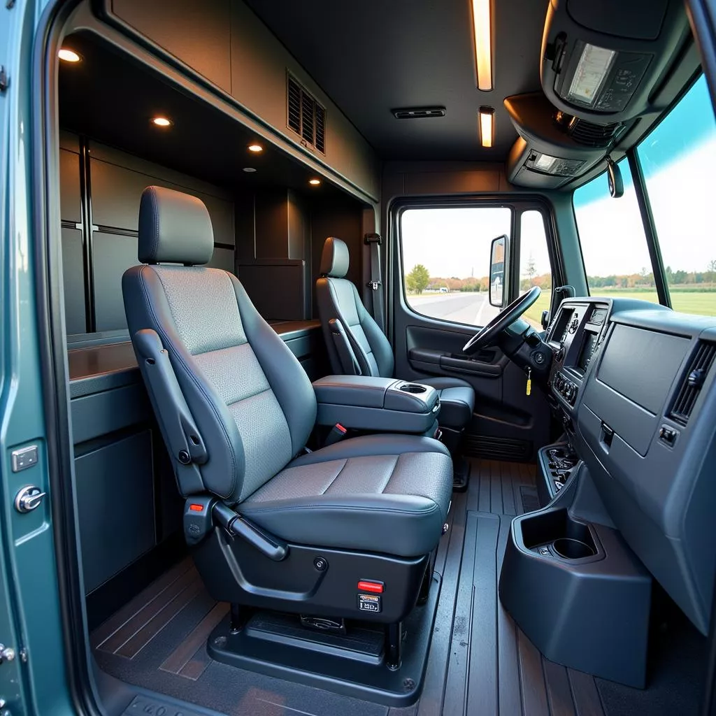 The spacious and comfortable interior of a Hyundai HD1000 truck.