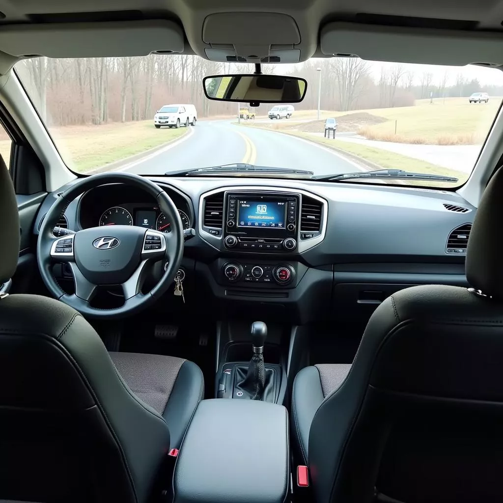 Interior of a Hyundai 2.5 ton truck with steering wheel, driver's seat, and dashboard.