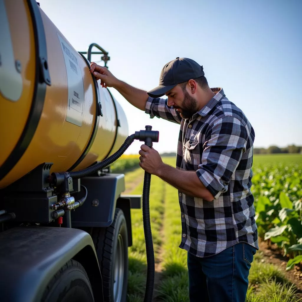 Farmer inspecting the irrigation system of a water truck