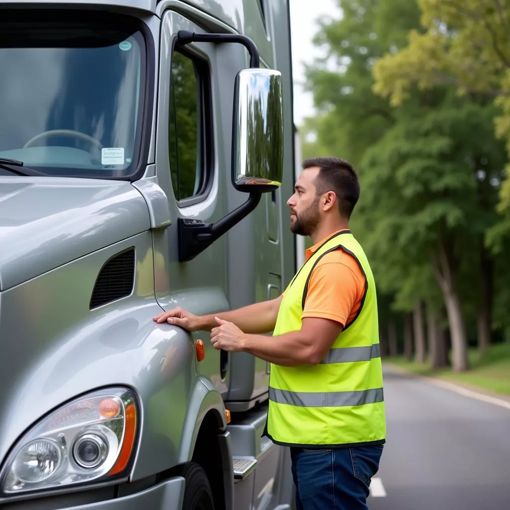 Sopir truk mengamati kaca spion