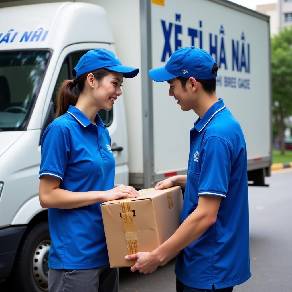 Hanoi truck driver inspecting cargo before delivery