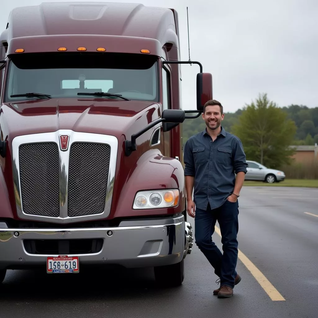 Tài xế xe tải cười vui vẻ bên xe mang biển số đẹp