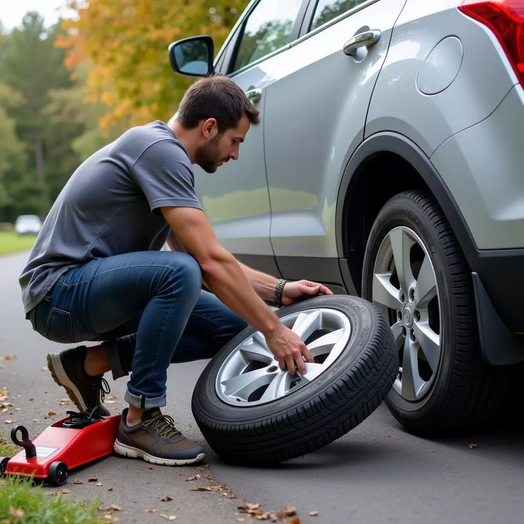 Người đàn ông đang thay lốp ô tô