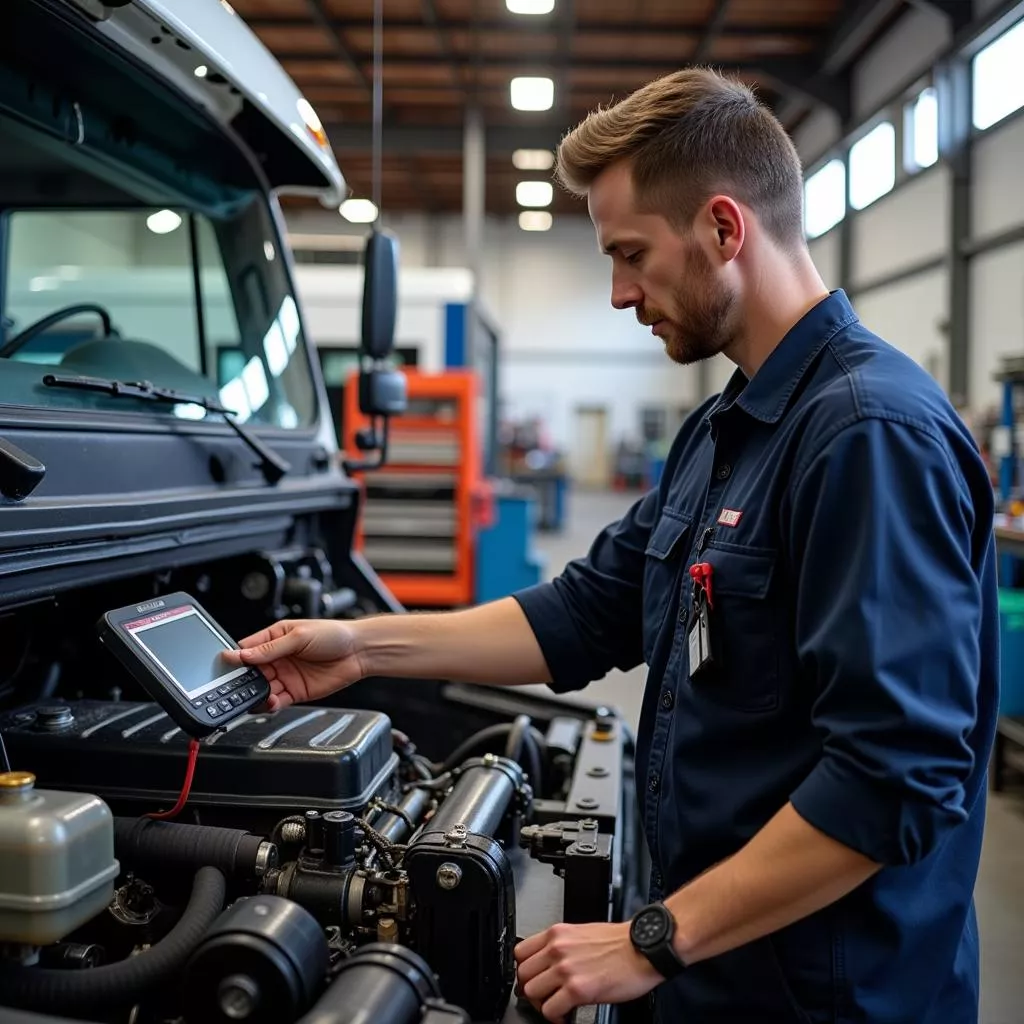 Truck mechanic inspecting an engine