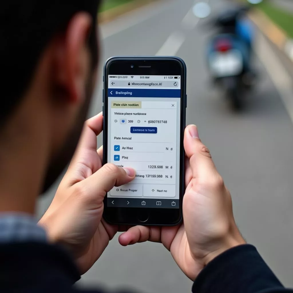 Persona che verifica la targa di un motociclo sul telefono