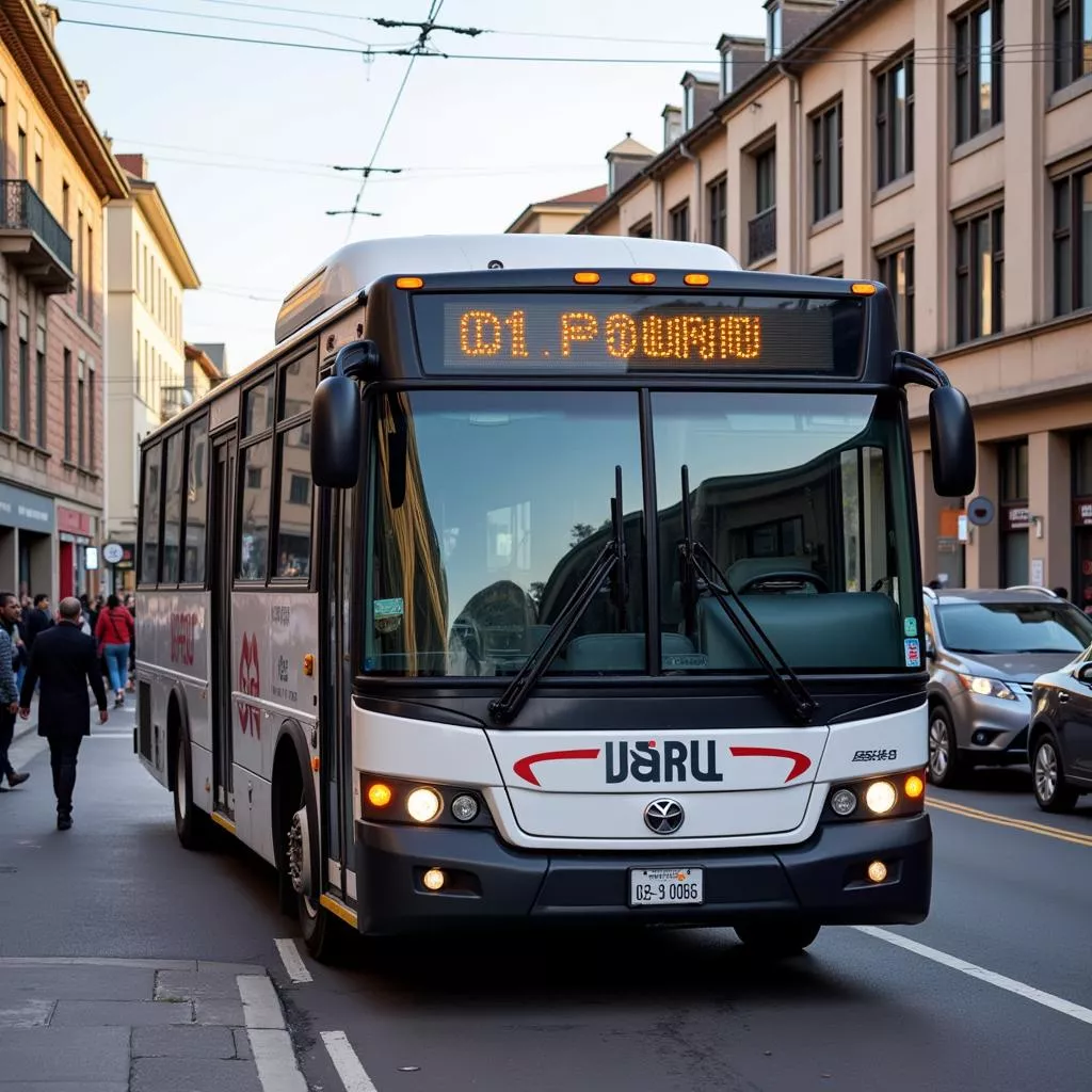 A 35-seat bus navigating a busy city street