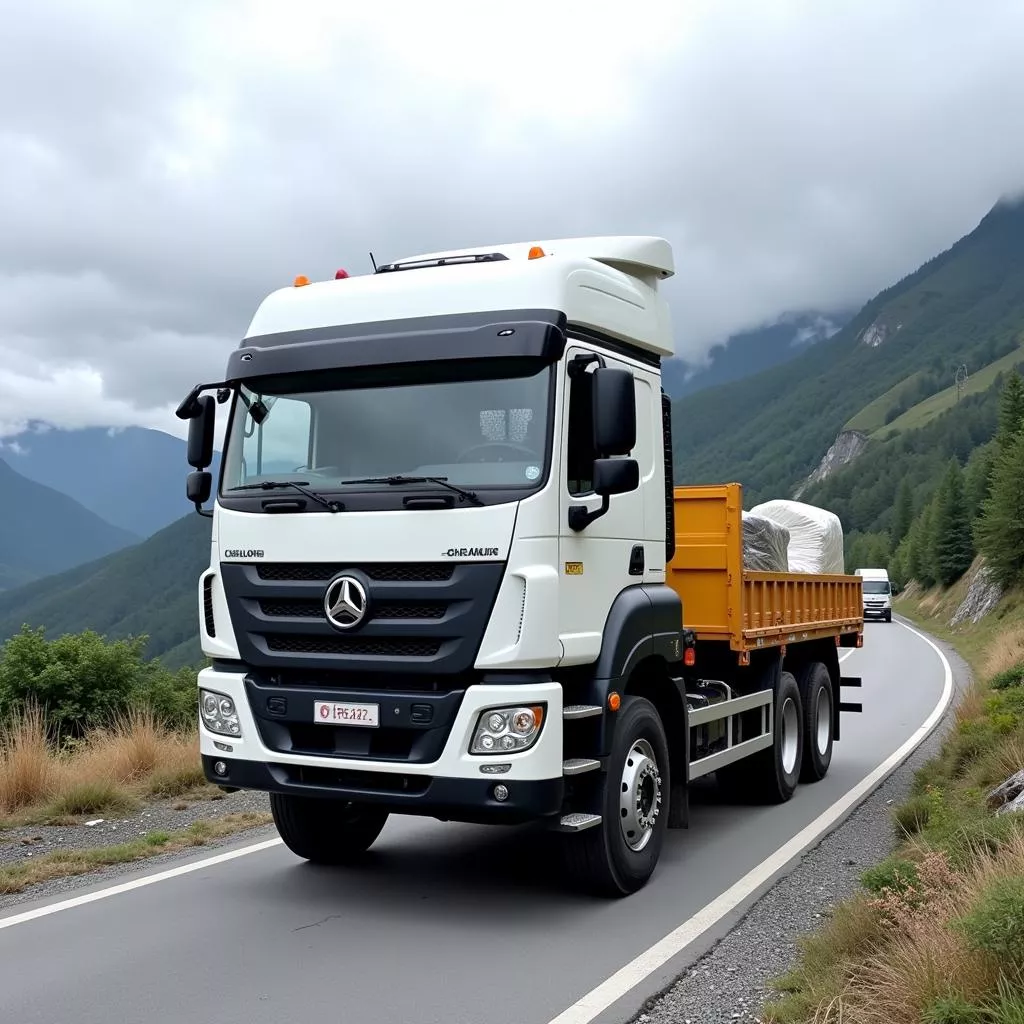Motrice Chenglong che trasporta merci su una strada di montagna