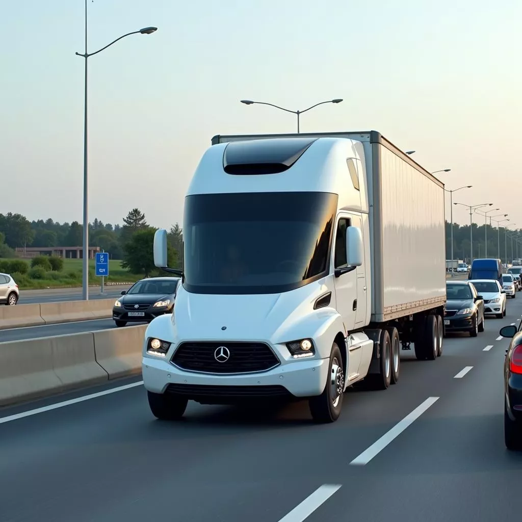 Xe đầu kéo tự lái vận chuyển hàng hóa trên đường cao tốc