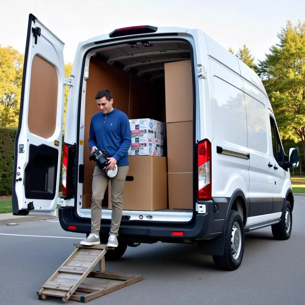 Xe Ford Transit 2018 cũ màu trắng đang dỡ tại hàng hóa