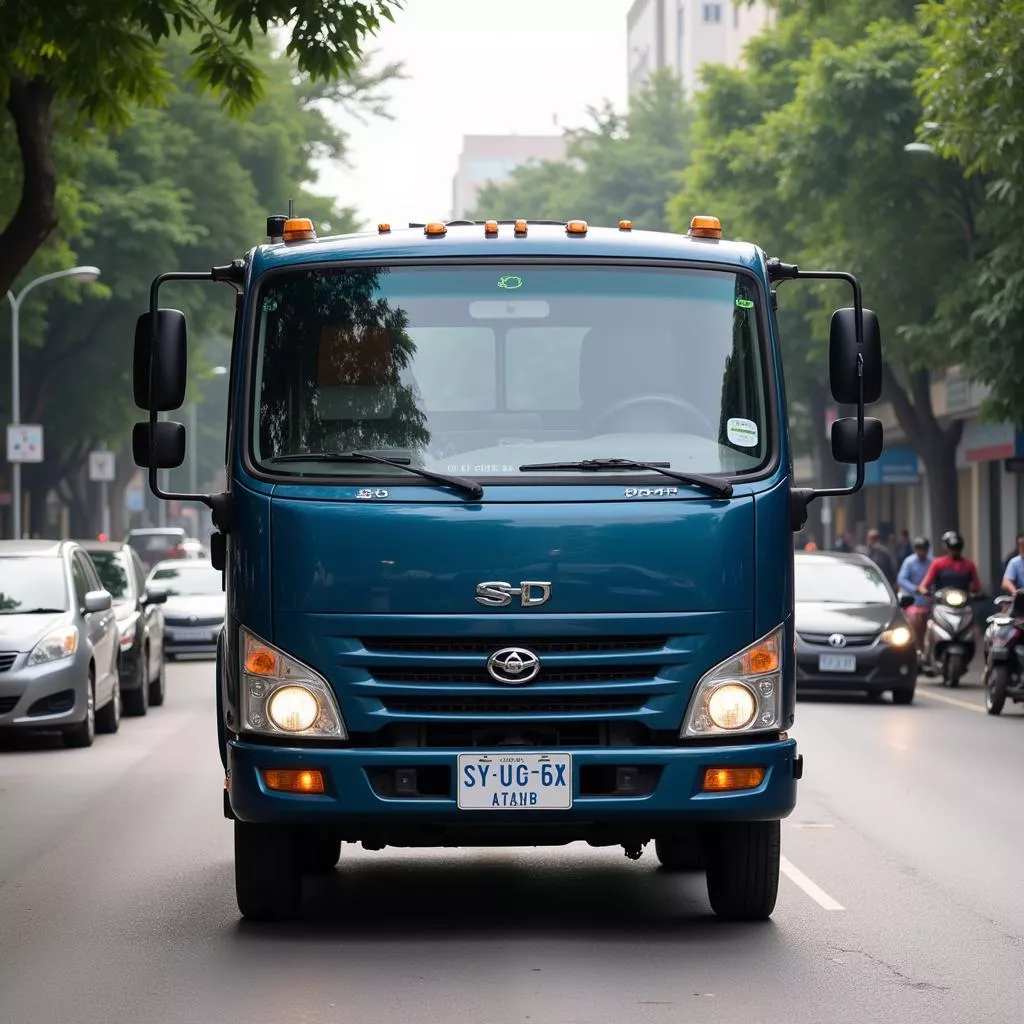 A truck with license plate 57 on a Hanoi street