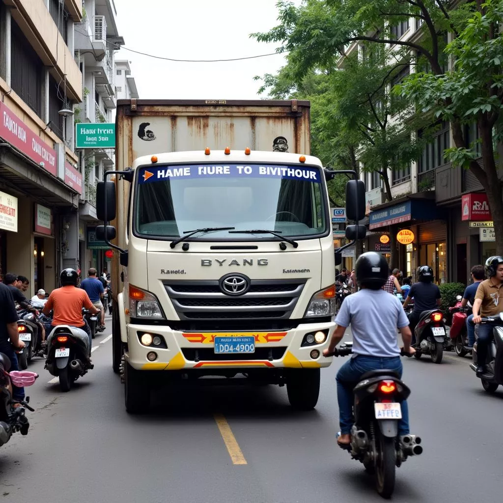 Truck navigating Hanoi streets