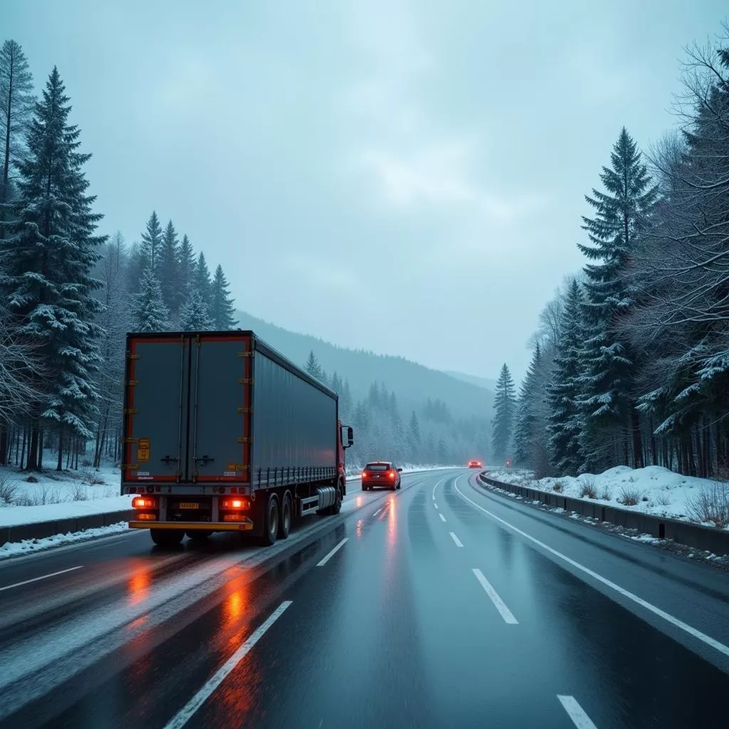 Truck driving on a wet road