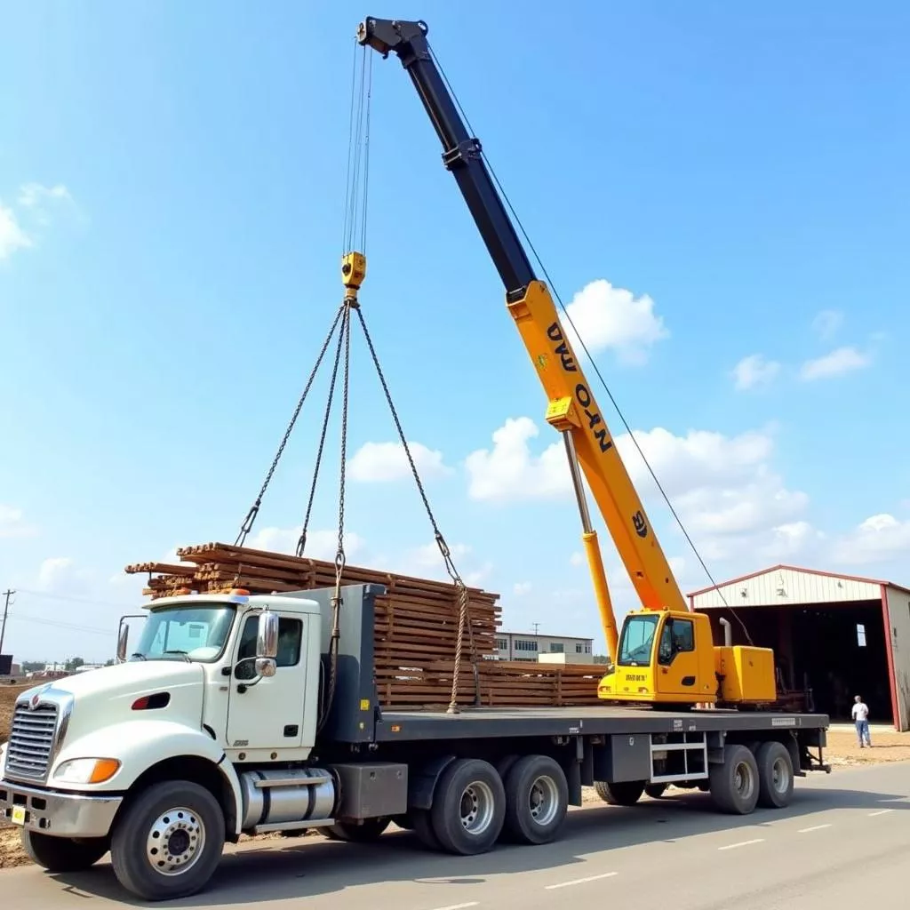 Hình ảnh xe tải gắn cẩu đang nâng hạ hàng hóa tại công trường xây dựng