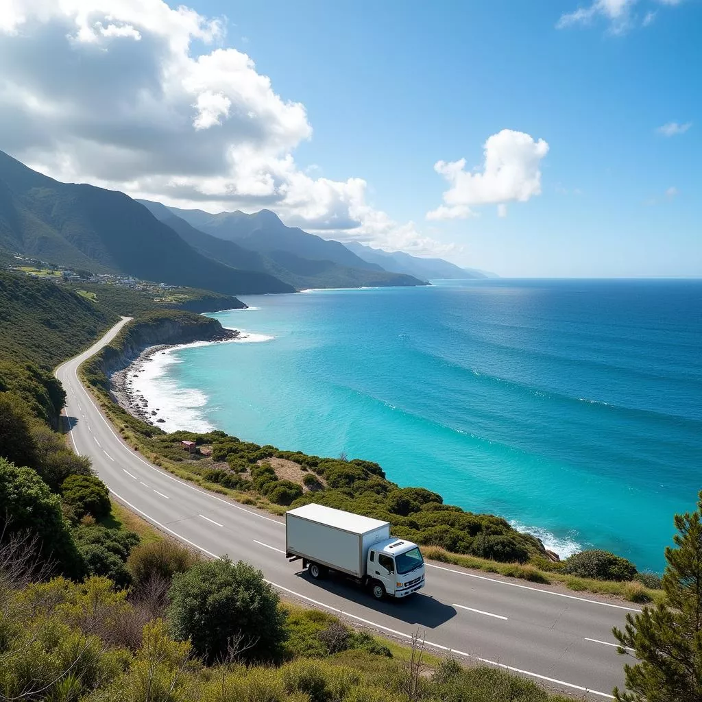 Xe tải nhẹ di chuyển trên đường ven biển