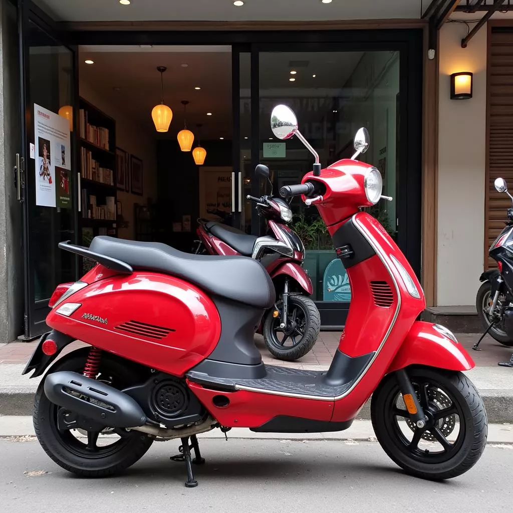 Red 2017 Yamaha Janus parked in front of a shop