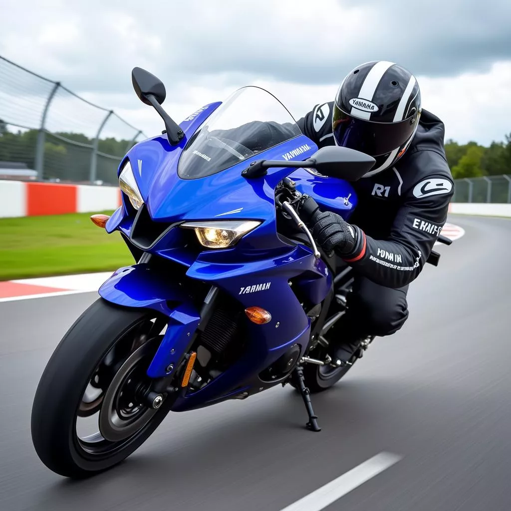 Siêu xe Yamaha R1 màu xanh trên đường đua