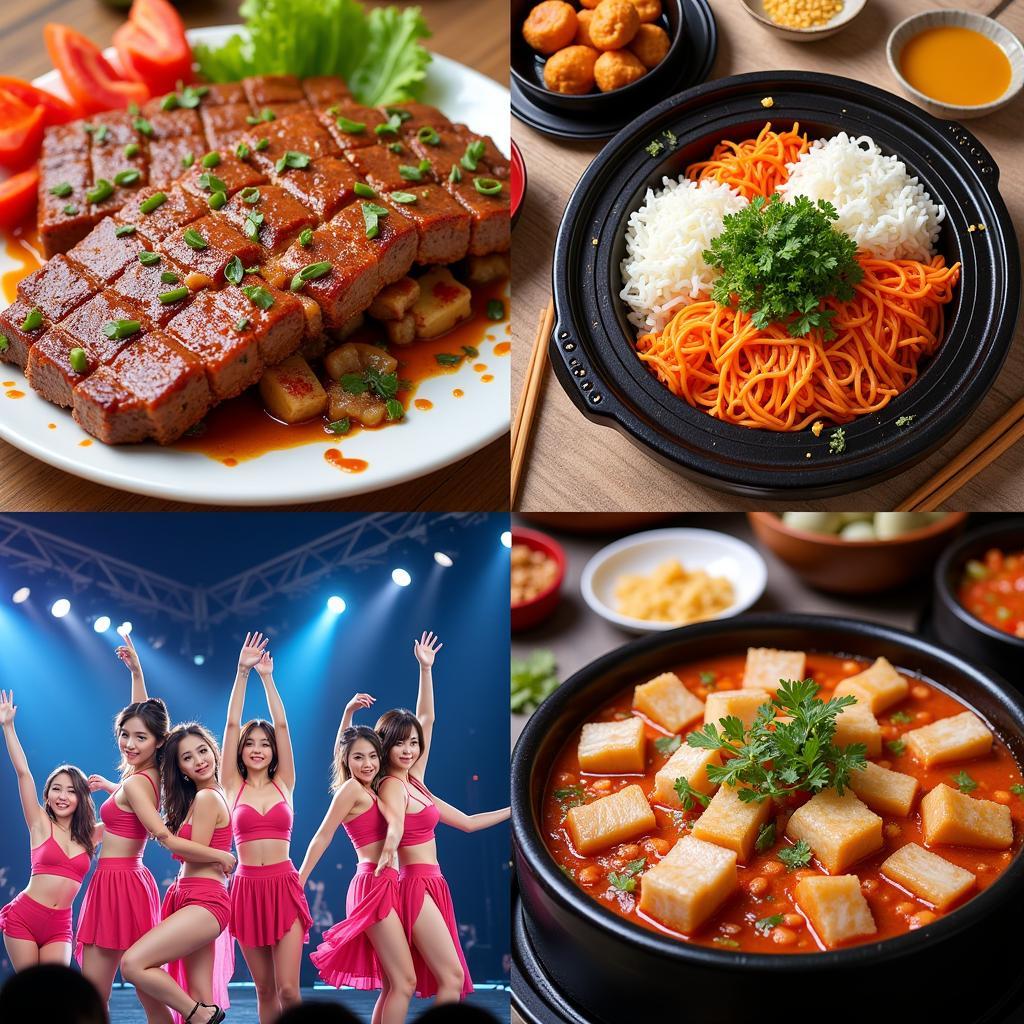 Món ăn Hàn Quốc hấp dẫn như kimchi, bibimbap, thịt nướng và hình ảnh biểu diễn K-pop sôi động.