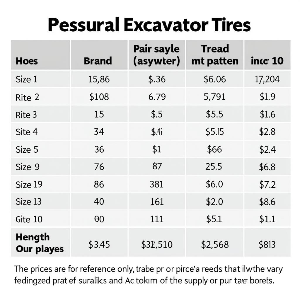 Reference price chart for wheel loader tires