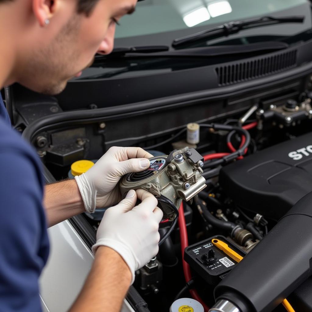 A technician inspecting and maintaining a car fuel pump, including checking connections, wires, and cleaning the filter.