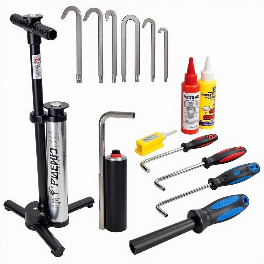 Road bike maintenance tools such as a pump, repair tools, and lubricants.