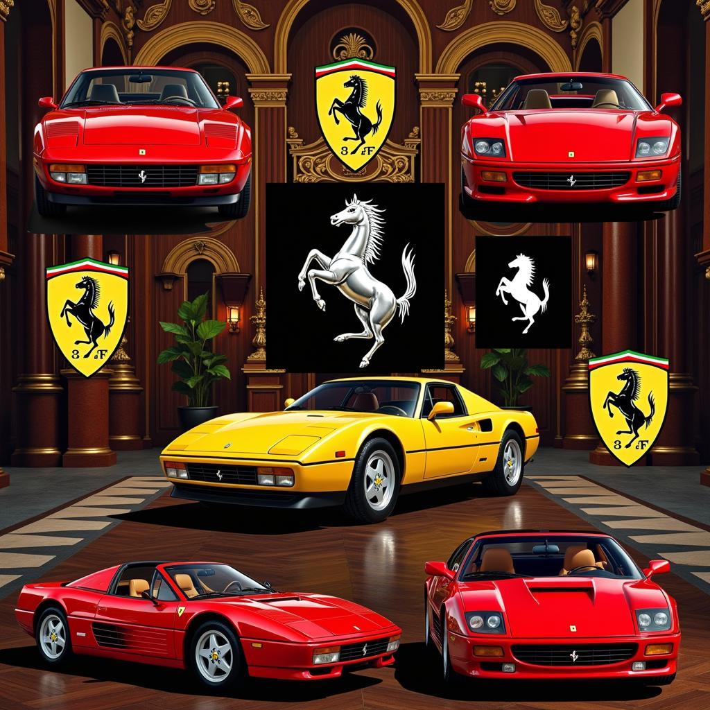 Famous Ferrari models with the Prancing Horse logo, a symbol of speed and luxury