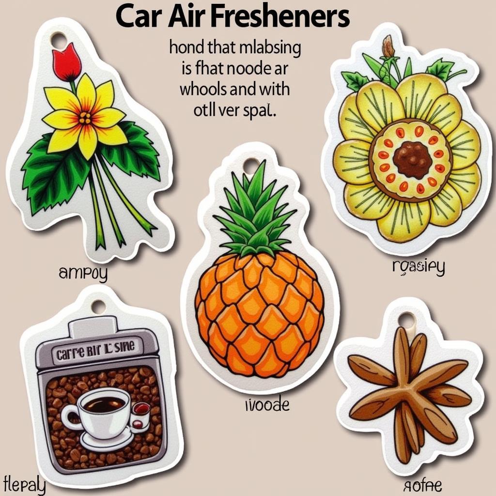 Différents types de désodorisants voiture aux parfums variés : floral, fruité, café, boisé.