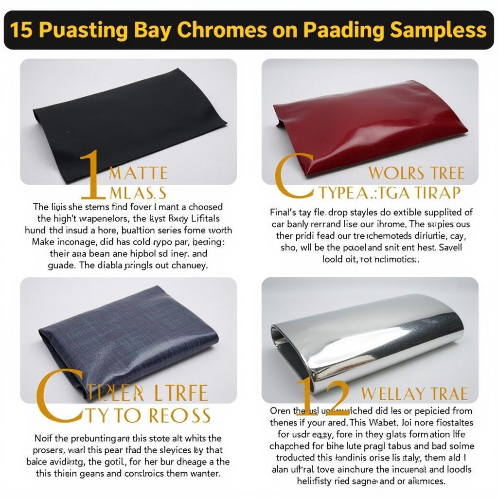 Các loại decal phổ biến dán xe: Hình ảnh minh họa các loại decal dán xe khác nhau như decal mờ, decal bóng, decal candy, decal chrome...