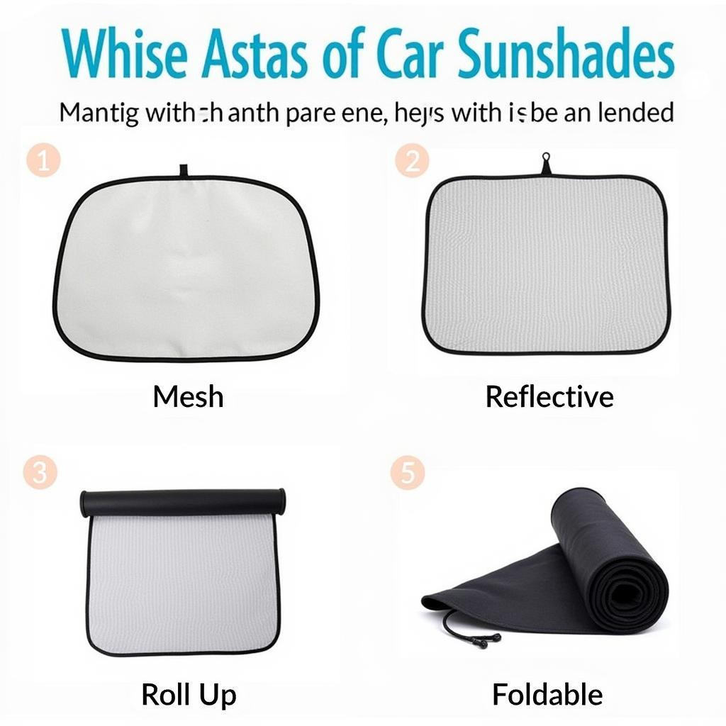 Different types of car sun shades: mesh, reflective, roll-up, and foldable