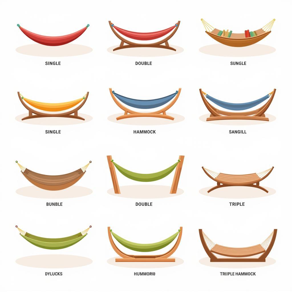 Hình ảnh các loại võng gỗ căm xe với kích thước và kiểu dáng khác nhau, từ võng đơn, võng đôi đến võng ba, giúp người xem so sánh và lựa chọn.